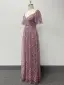 Elegant Blushing Pink Lace Flower Prom Dresses 2024 A-Line / Princess Square Neckline Short Sleeve Backless Floor-Length / Long Prom Formal Dresses