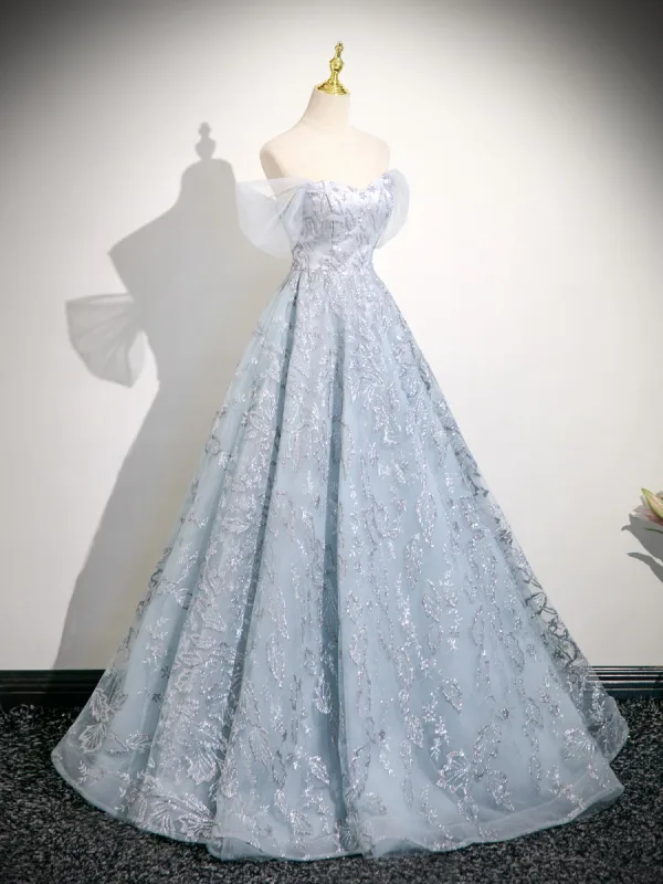 Charming Sky Blue Glitter Beading Prom Dresses 2025 Ball Gown Off-The-Shoulder Short Sleeve Backless Floor-Length / Long Formal Dresses