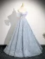 Charming Sky Blue Glitter Beading Prom Dresses 2025 Ball Gown Off-The-Shoulder Short Sleeve Backless Floor-Length / Long Formal Dresses