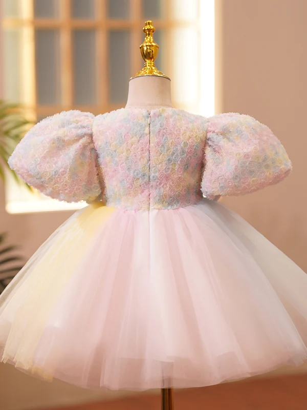 Chic / Beautiful Blushing Pink Birthday Appliques Flower Girl Dresses 2022 Ball Gown Scoop Neck Puffy Short Sleeve Pearl Sash Short Flower Girl Dresses