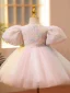Chic / Beautiful Blushing Pink Birthday Appliques Flower Girl Dresses 2022 Ball Gown Scoop Neck Puffy Short Sleeve Pearl Sash Short Flower Girl Dresses