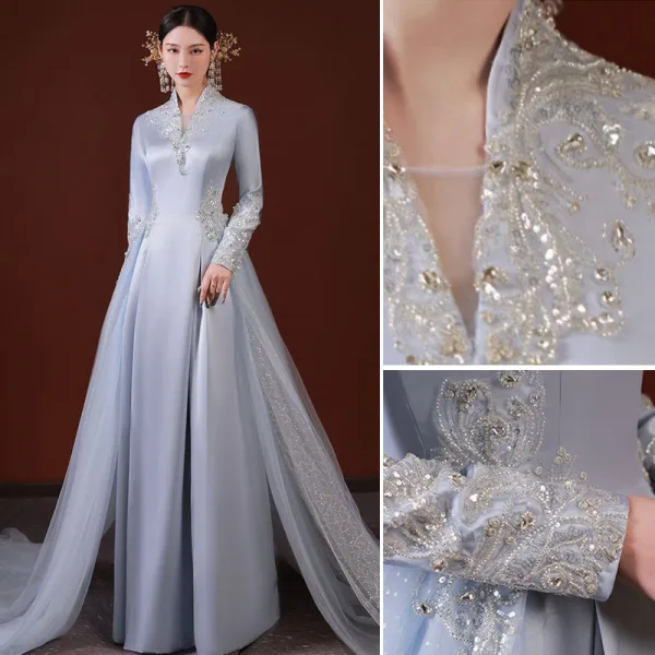 Chinese style Grey Beading Rhinestone Sequins Prom Dresses 2022 A-Line / Princess Satin High Neck Long Sleeve Backless Floor-Length / Long Formal Dresses