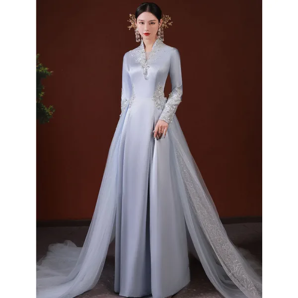 Chinese style Grey Beading Rhinestone Sequins Prom Dresses 2022 A-Line / Princess Satin High Neck Long Sleeve Backless Floor-Length / Long Formal Dresses