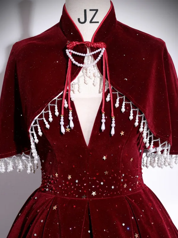 Elegant Burgundy Beading Sequins Velvet Mother Of The Bride Dresses 2025 Ball Gown V-Neck Sleeveless Backless Floor-Length / Long