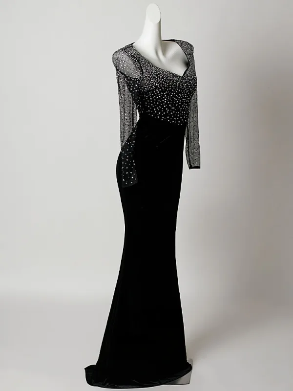 Sexy Black Sequins Evening Dresses 2026 Trumpet / Mermaid V-Neck Long Sleeve Floor-Length / Long Formal Dresses