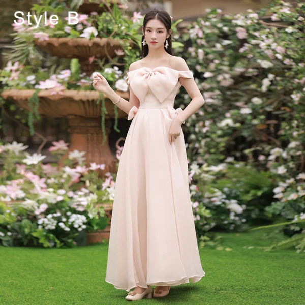 Modest / Simple Blushing Pink Bridesmaid Dresses 2022 A-Line / Princess Backless Bow Floor-Length / Long Bridesmaid Wedding Party Dresses