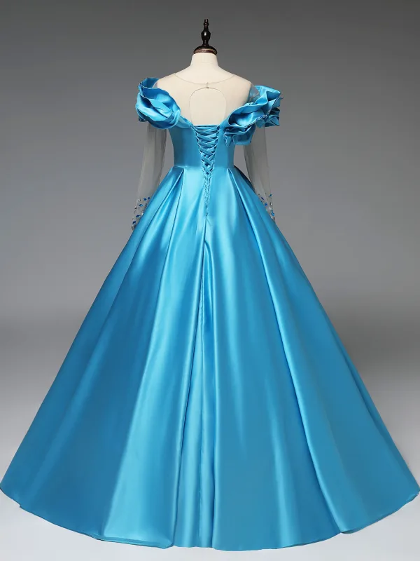Vintage / Retro Pool Blue Beading Satin Prom Dresses 2025 Ball Gown Scoop Neck Long Sleeve Backless Floor-Length / Long Formal Dresses
