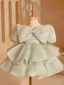 Fashion Sage Green Cascading Ruffles Beading Pearl Sequins Birthday Flower Girl Dresses 2023 Ball Gown Scoop Neck Bow Puffy Short Sleeve Short Backless