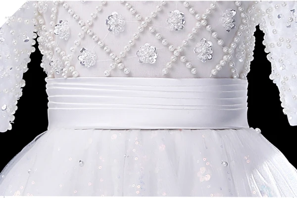 Chic / Beautiful White Beading Pearl Sequins Birthday Flower Girl Dresses 2024 Ball Gown Square Neckline Short Sleeve Floor-Length / Long