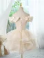 Chic / Beautiful Champagne Beading Sequins Cascading Ruffles Birthday Party Dresses 2024 Ball Gown Off-The-Shoulder Short Sleeve Backless Short Formal Dresses