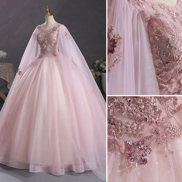 Elegant Blushing Pink Sequins Lace Flower Prom Dresses 2023 Ball Gown V-Neck Short Sleeve Backless Floor-Length / Long Prom Formal Dresses