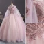 Elegant Blushing Pink Sequins Lace Flower Prom Dresses 2023 Ball Gown V-Neck Short Sleeve Backless Floor-Length / Long Prom Formal Dresses