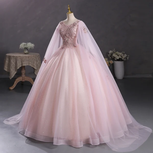 Elegant Blushing Pink Sequins Lace Flower Prom Dresses 2023 Ball Gown V-Neck Short Sleeve Backless Floor-Length / Long Prom Formal Dresses