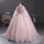 Elegant Blushing Pink Sequins Lace Flower Prom Dresses 2023 Ball Gown V-Neck Short Sleeve Backless Floor-Length / Long Prom Formal Dresses