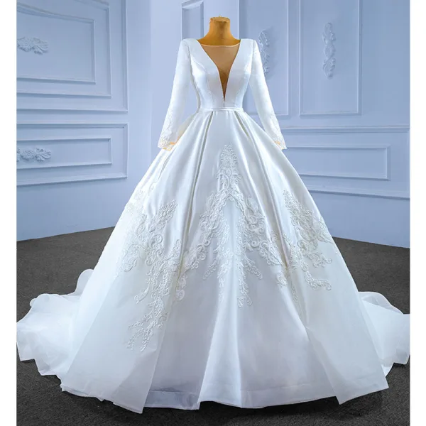 High-end White Satin Wedding Dresses 2022 Ball Gown Scoop Neck Long Sleeve Beading Lace Flower Sash Chapel Train Wedding