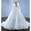 High-end White Satin Wedding Dresses 2022 Ball Gown Scoop Neck Long Sleeve Beading Lace Flower Sash Chapel Train Wedding