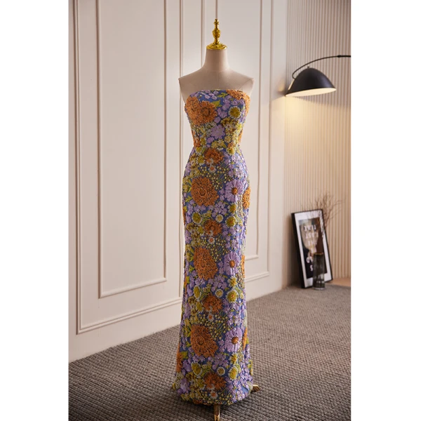 Vintage / Retro Multi-Colors Handmade Beading Sequins Lace Flower Evening Dresses 2023 Trumpet / Mermaid Strapless Sleeveless Backless Floor-Length / Long Evening Party Formal Dresses