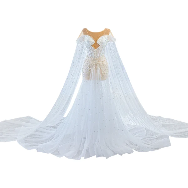 Elegant High-end White Beading Pearl Wedding Dresses 2023 Trumpet / Mermaid Scoop Neck Short Sleeve Royal Train Wedding