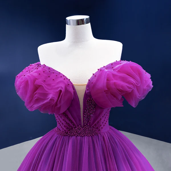 Chic / Beautiful Purple Ruffle Formal Dresses 2022 Ball Gown Off-The-Shoulder Puffy Short Sleeve Beading Backless Sweep Train Prom Dresses