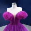 Chic / Beautiful Purple Ruffle Formal Dresses 2022 Ball Gown Off-The-Shoulder Puffy Short Sleeve Beading Backless Sweep Train Prom Dresses