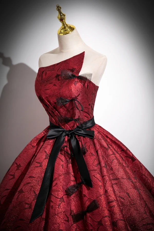 Vintage / Retro Glitter Burgundy Prom Dresses 2023 Ball Gown Strapless Sleeveless Backless Bow Sash Floor-Length / Long Prom Formal Dresses
