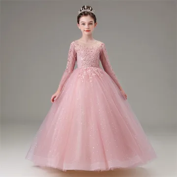 Eleganckie Cukierki Różowy Frezowanie Cekiny Rhinestone Z Koronki Kwiat Urodziny Sukienki Dla Dziewczynek 2025 Suknia Balowa Wycięciem 3 4 Rękawy Długie