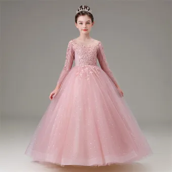 Elegante Pink Perlenstickerei Pailletten Strass Spitze Blumen Geburtstag Blumenmädchenkleider 2025 Ballkleid Rundhalsausschnitt 3 4 Ärmel Lange