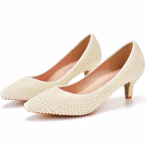 Élégant Blanche Perle Chaussure De Mariée 2022 5 cm Talons Aiguilles À Bout Pointu Mariage Escarpins Talons Hauts