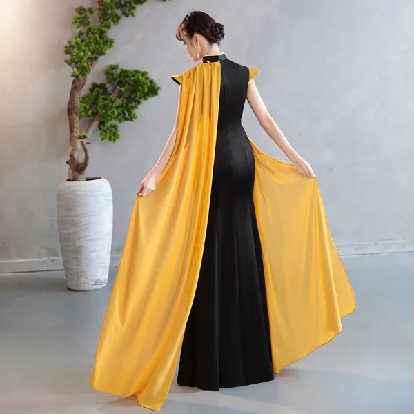 Chinese style Black Gold Lace Flower Evening Party Cheongsam 2025 Trumpet / Mermaid High Neck Cap Sleeves Floor-Length / Long Cheongsam / Qipao