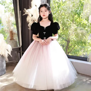 Chic Beautiful Black Suede Birthday Flower Girl Dresses 2022 Ball Gown Square Neckline Rhinestone Bow Puffy Short Sleeve Floor Length Long Flower Girl Dresses