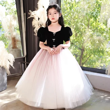 Chic Beautiful Black Suede Birthday Flower Girl Dresses 2022 Ball Gown Square Neckline Rhinestone Bow Puffy Short Sleeve Floor Length Long Flower Girl Dresses