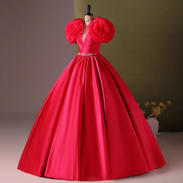 Medieval Fuchsia Rhinestone Appliques Prom Dresses 2024 Satin Ball Gown Scoop Neck Sleeveless Backless Floor-Length / Long Prom Formal Dresses