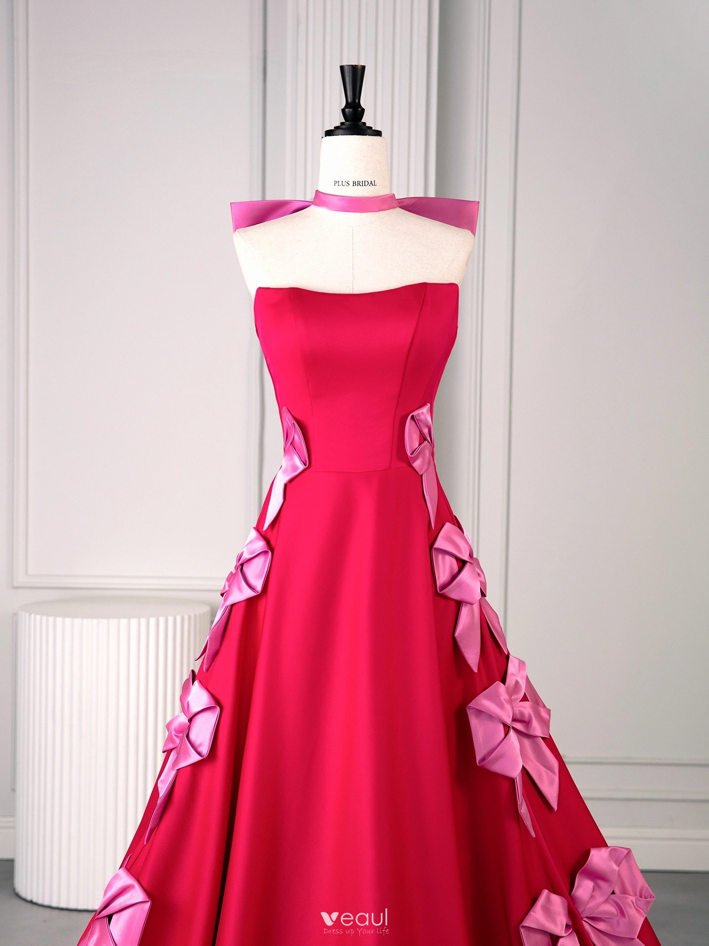 Lovely Fuchsia Bow Satin Prom Dresses 2025 Ball Gown Strapless Sleeveless Backless Sweep Train Formal Dresses Lovely Fuchsia Bow Satin Prom Dresses 2025 Ball Gown Strapless Sleeveless Backless Sweep Train Formal Dresses