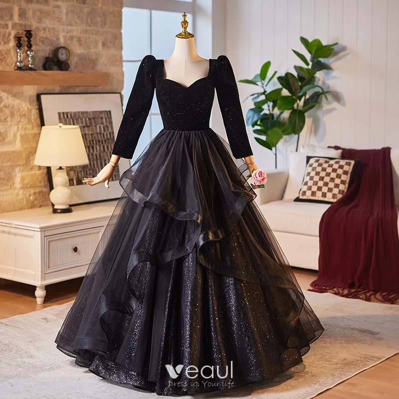 Audrey Hepburn Style Black Glitter Prom Dresses 2024 Ball Gown Square Neckline Long Sleeve Backless Floor-Length / Long Prom Formal Dresses Audrey Hepburn Style Black Glitter Prom Dresses 2024 Ball Gown Square Neckline Long Sleeve Backless Floor-Length / Long Prom Formal Dresses