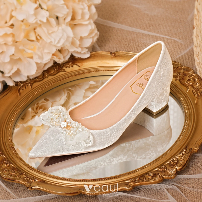 Ivory Kitten Heels with Sequins & Crystals - Evelyn Ivory