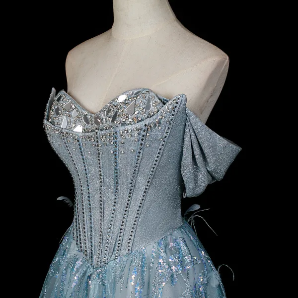 Sexy Fashion Sky Blue Beading Sequins Feather Evening Dresses 2026 A-Line / Princess Strapless Sleeveless Backless Floor-Length / Long Formal Dresses