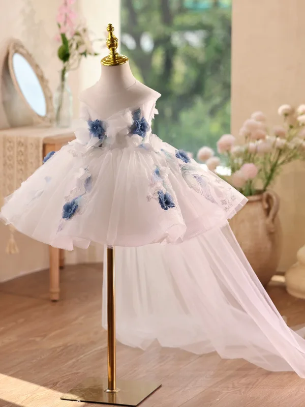 Fashion White Pearl Appliques Sequins Short Birthday Sweep Train Flower Girl Dresses 2025 Ball Gown Scoop Neck Sleeveless