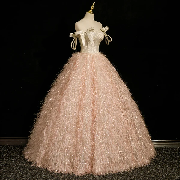 Charmant Champagne Paillettes Gland Robe De Bal 2023 Robe Boule De l'épaule Sans Manches Dos Nu Noeud Longue Promo Robe De Ceremonie