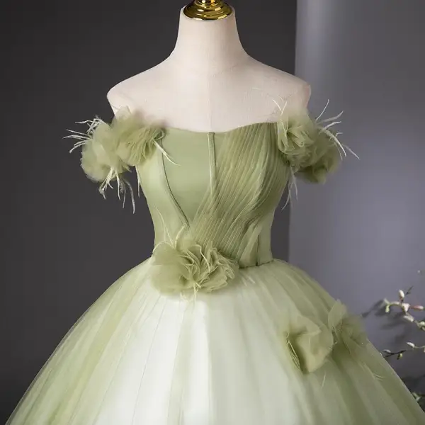 Elegant Sage Green Appliques Ball Gown Prom Dresses 2024 Strapless Sleeveless Backless Floor-Length / Long Prom Formal Dresses