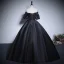 Elegant Black Beading Sequins Lace Flower Prom Dresses 2023 Ball Gown Off-The-Shoulder Short Sleeve Backless Floor-Length / Long Prom Formal Dresses