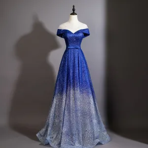 Vintage Retro Royal Blue Gradient Color Sequins Evening Dresses 2026 A Line Princess Scoop Neck Short Sleeve Backless Bow Sash