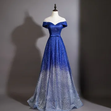 Vintage Kongeblå Gradient Farve Pailletter Selskabskjoler 2026 Prinsesse Scoop Neck Kort Ærme Halterneck Sløjfe Bælte