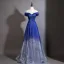 Vintage / Retro Royal Blue Gradient-Color Sequins Evening Dresses 2026 A-Line / Princess Scoop Neck Short Sleeve Backless Bow Sash