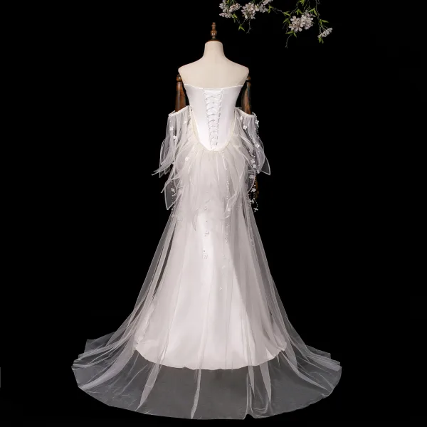 High-end Fashion White Appliques Wedding Dresses 2026 Trumpet / Mermaid Strapless Sleeveless Backless Sweep Train