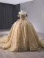 Luxury / Gorgeous Gold Handmade  Beading Pearl Rhinestone Sequins Prom Dresses 2024 Ball Gown Off-The-Shoulder Short Sleeve Backless Bow Chapel Train Prom