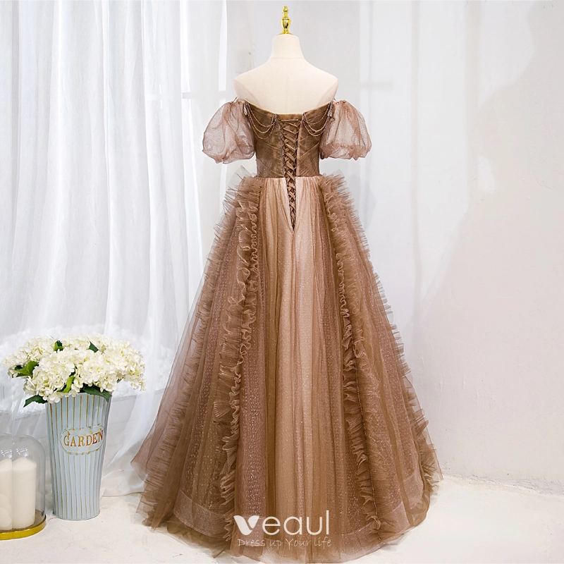 coffee brown prom dress Vintage Square Neckline Coffee Mesh Prom Dress – misaislestyle main image 0