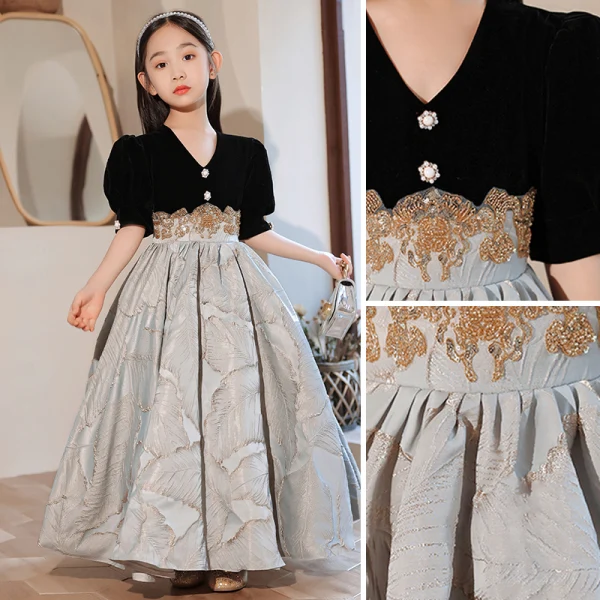 Elegant Black Prom Flower Girl Dresses 2022 Ball Gown V-Neck Short Sleeve Beading Sequins Floor-Length / Long Flower Girl Dresses