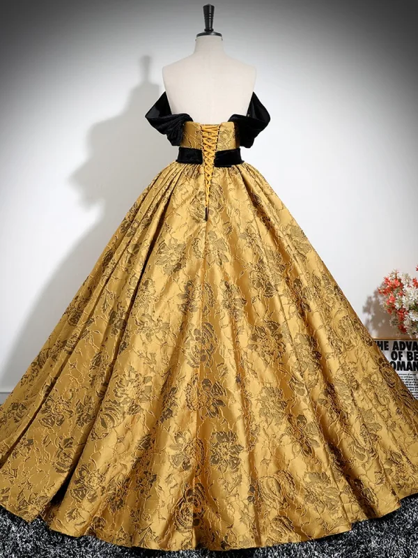 Elegant Gold Printing Prom Dresses 2024 Ball Gown Strapless Sleeveless Backless Floor-Length / Long Formal Dresses