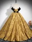 Elegant Gold Printing Prom Dresses 2024 Ball Gown Strapless Sleeveless Backless Floor-Length / Long Formal Dresses
