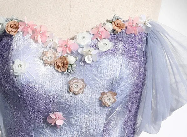 Elegant Lavender Rhinestone Lace Flower Appliques Prom Dresses 2024 Ball Gown Off-The-Shoulder Short Sleeve Backless Floor-Length / Long Prom Formal Dresses